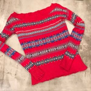 American Eagle red Nordic sweater off the shoulder